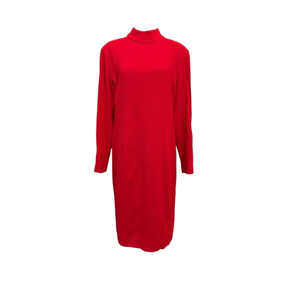 Vintage 90s Liz Claiborne Red Wool Dress 12 Mock Neck Midi Sheath